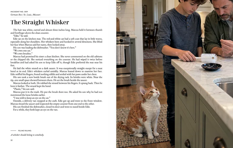 The Straight Whisker: printed story page 32 beside an illustration of a cat watching a father and son examine a brush at the kitchen counter.