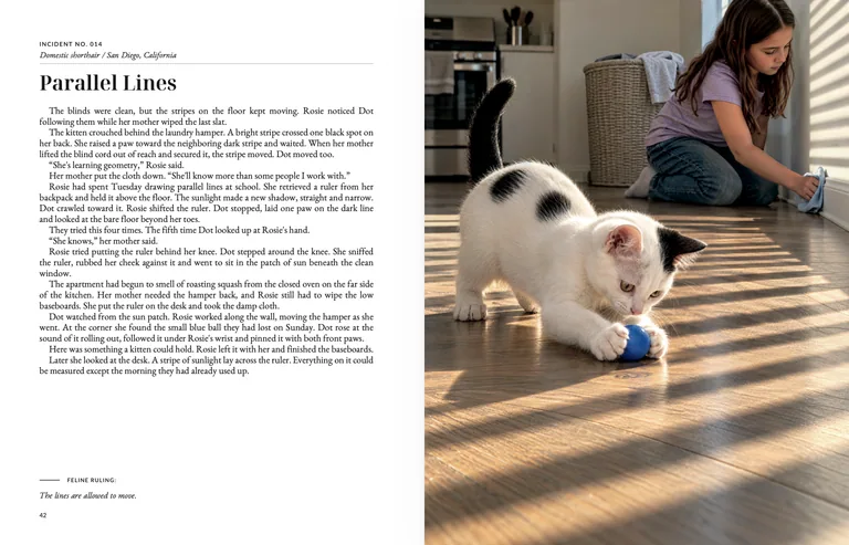 Parallel Lines: printed story page 42 beside an illustration of a black-and-white kitten playing with a blue ball while a girl cleans the baseboard.