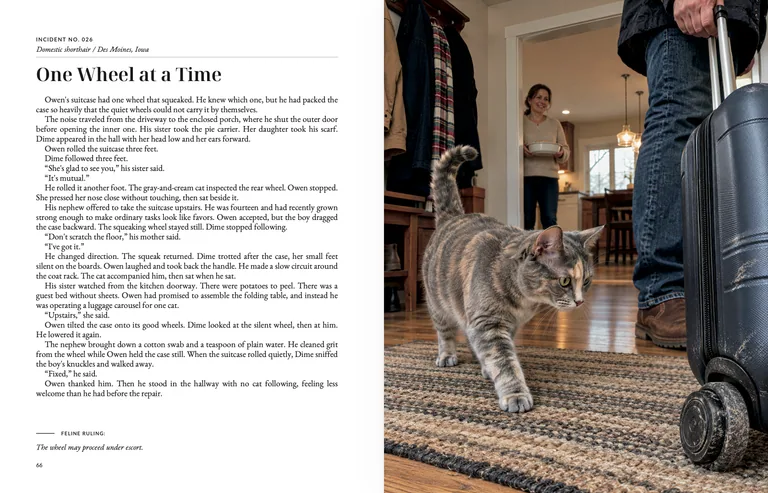 One Wheel at a Time: printed story page 66 beside an illustration of a gray cat following a rolling suitcase through a family hallway.