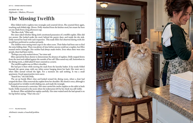 The Missing Twelfth: printed story page 96 beside an illustration of a fluffy orange cat on a kitchen stool near folded napkins.